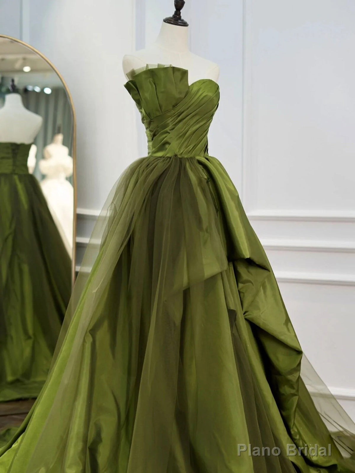 Strapless Green High Low Prom Dresses, High Low Green Long Formal Evening Dresses Main image