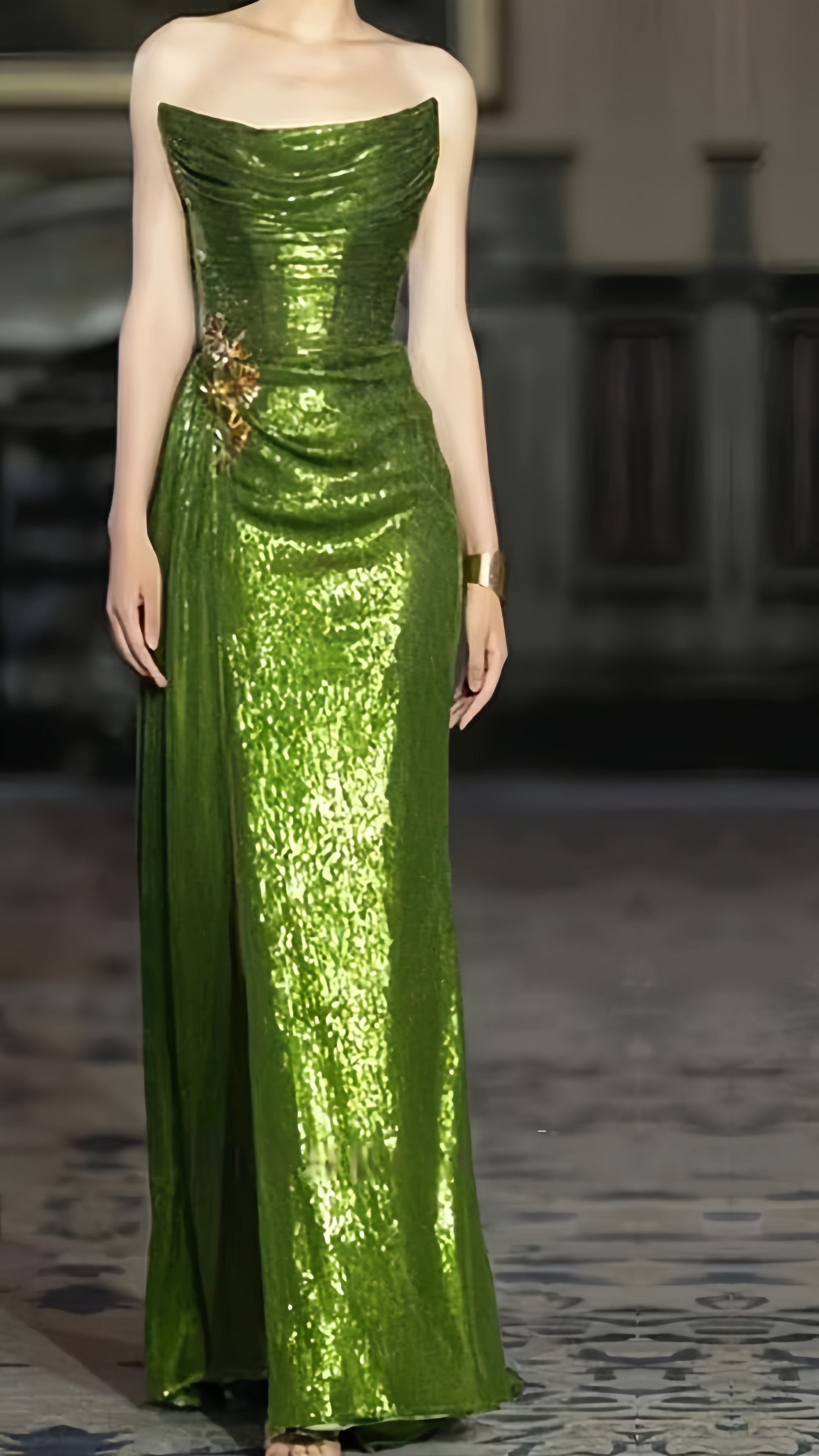 Strapless Green Sequin Formal Prom Dresses With Split,