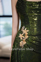Strapless Green Sequin Formal Prom Dresses With Split,
