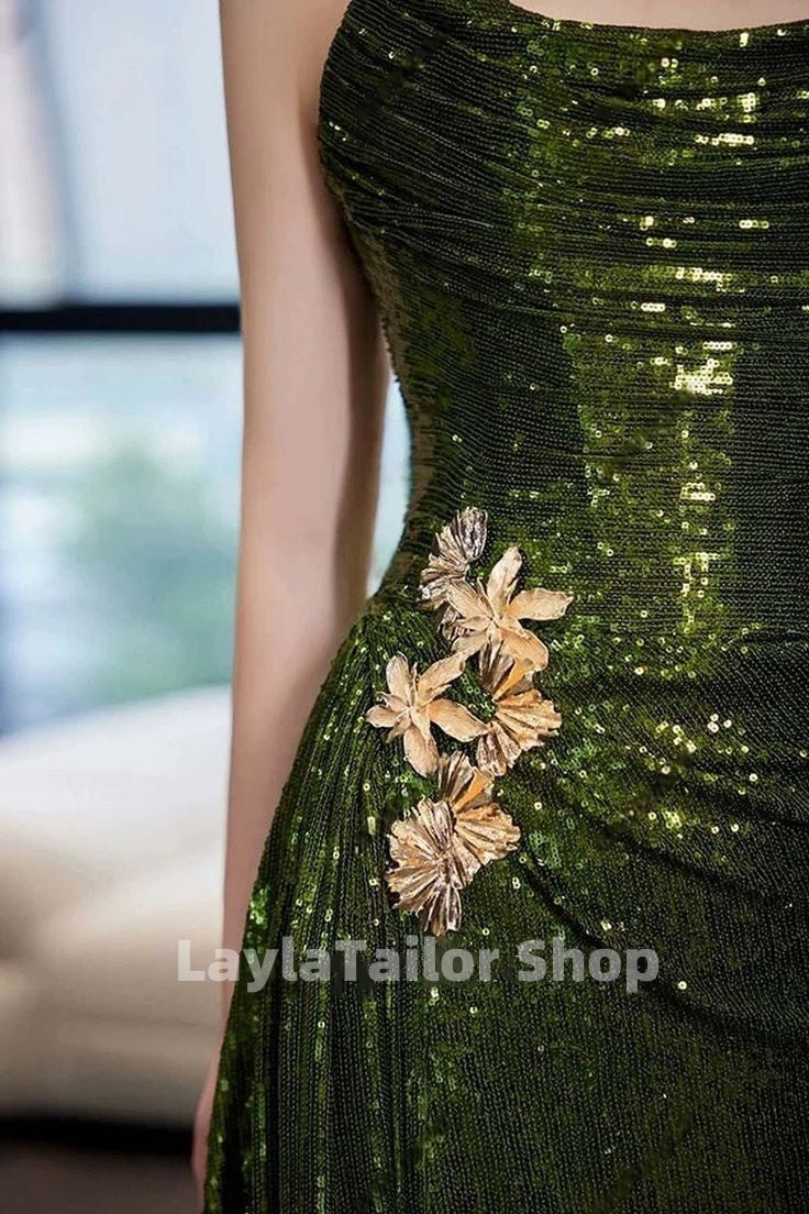 Strapless Green Sequin Formal Prom Dresses With Split,