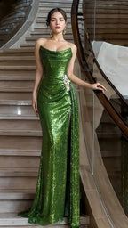 Strapless Green Sequin Formal Prom Dresses With Split,