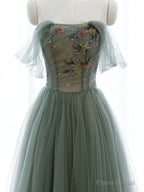Strapless Green Tulle Floral Long Prom Dresses, Green Tulle Floral Formal Evening Dresses