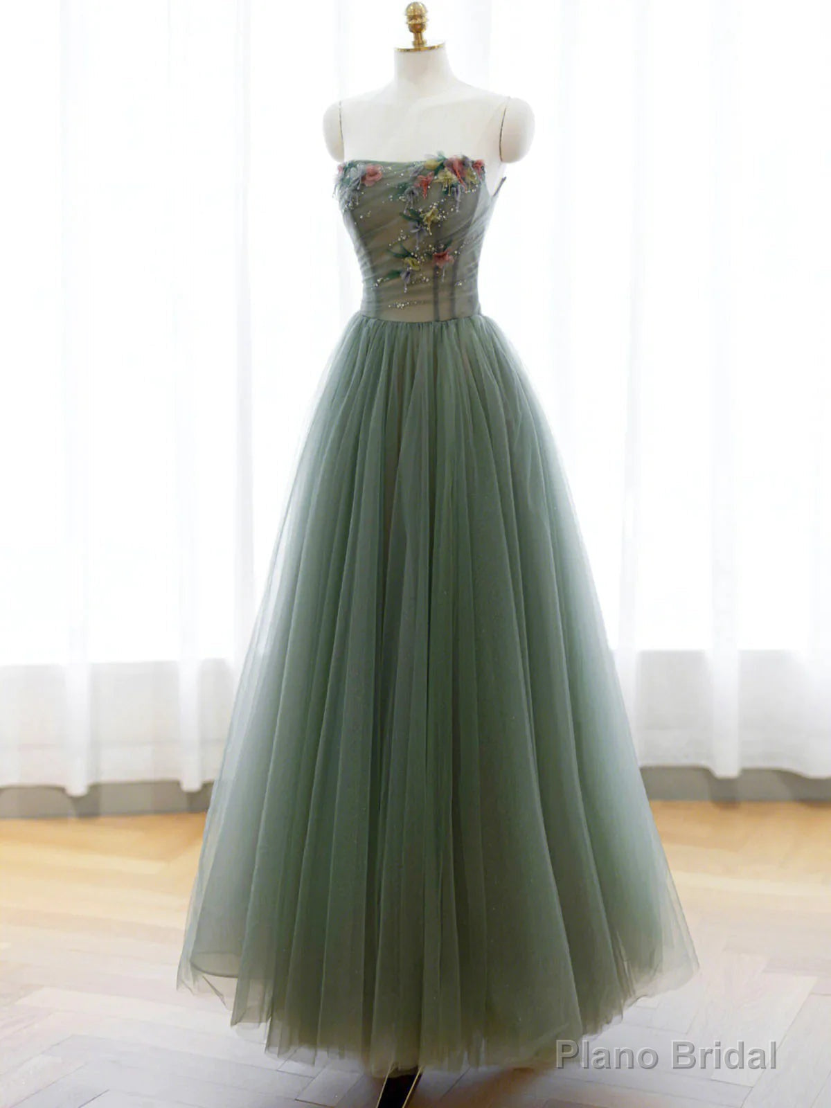 Strapless Green Tulle Floral Long Prom Dresses, Green Tulle Floral Formal Evening Dresses
