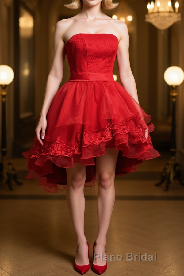Strapless High Low Red Lace Formal Prom Dress, High Low Red Homecoming Dress, Short Red Lace Formal Graduation Evening Dress Main image