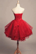 Strapless High Low Red Lace Formal Prom Dress, High Low Red Homecoming Dress, Short Red Lace Formal Graduation Evening Dress