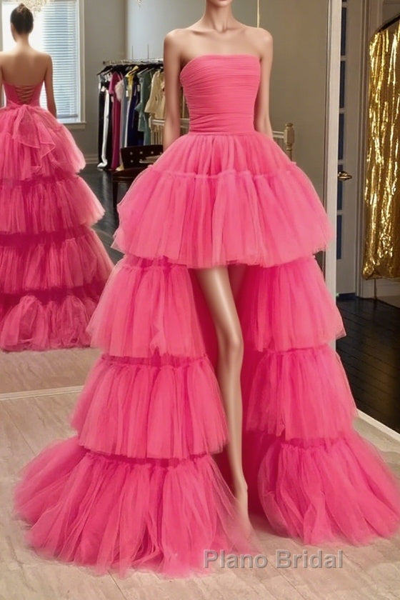 Strapless Hot Pink High Low Formal Prom Dresses, Hot Pink High Low Formal Homecoming Dresses Main image