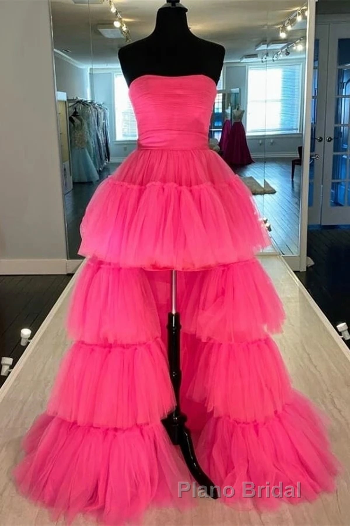 Strapless Hot Pink High Low Formal Prom Dresses, Hot Pink High Low Formal Homecoming Dresses Secondary image