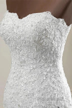 Strapless Lace Appliques Bride Gown Long Mermaid Wedding Gown With Beadings