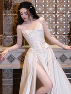 Strapless Lace Satin White Vintage Wedding Dresses,