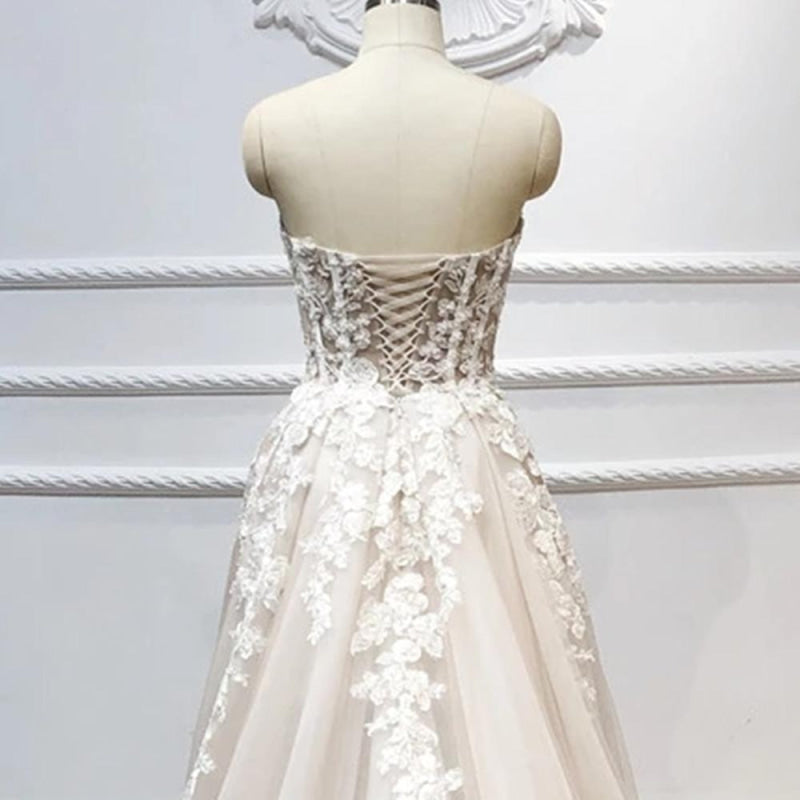 Strapless Lace-up Beaded Appliques A-line Wedding Dresses