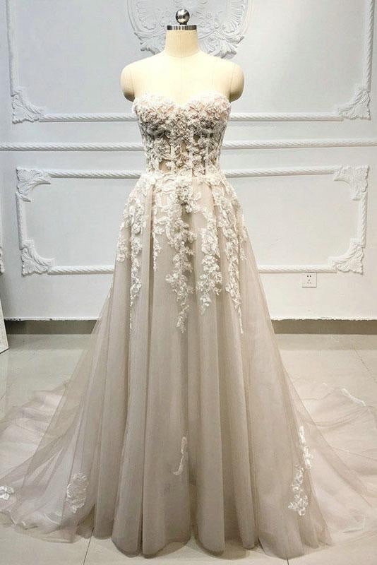 Strapless Lace-up Beaded Appliques A-line Wedding Dresses