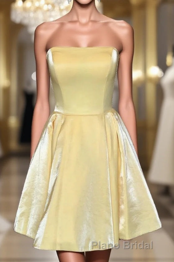 Strapless Lace-Up Yellow Satin Homecoming Dresses,Short Cocktail Dresses Main image