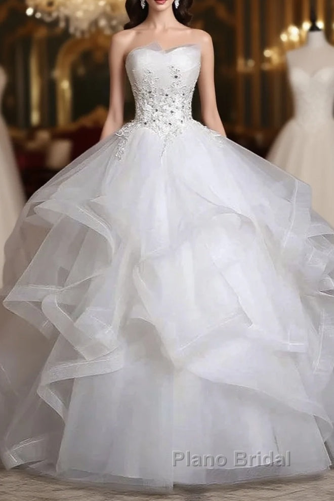 Strapless Layers Wedding Gown With Appliques Beadings