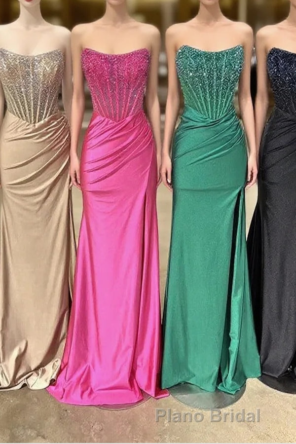 Strapless Mermaid Beaded Long Formal Prom Dresses With Slit Main image