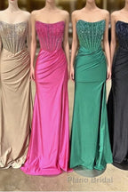 Strapless Mermaid Beaded Long Formal Prom Dresses With Slit