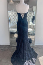 Strapless Mermaid Dark Blue Lace Long Formal Prom Dresses, Mermaid Dark Blue Lace Formal Dresses, Dark Blue Lace Evening Dresses