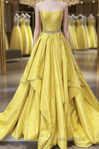 Strapless Open Back Fluffy Yellow Satin Long Formal Prom Dress, Layered Yellow Formal Evening Dress