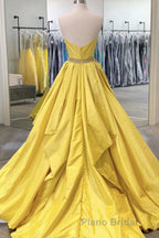 Strapless Open Back Fluffy Yellow Satin Long Formal Prom Dress, Layered Yellow Formal Evening Dress