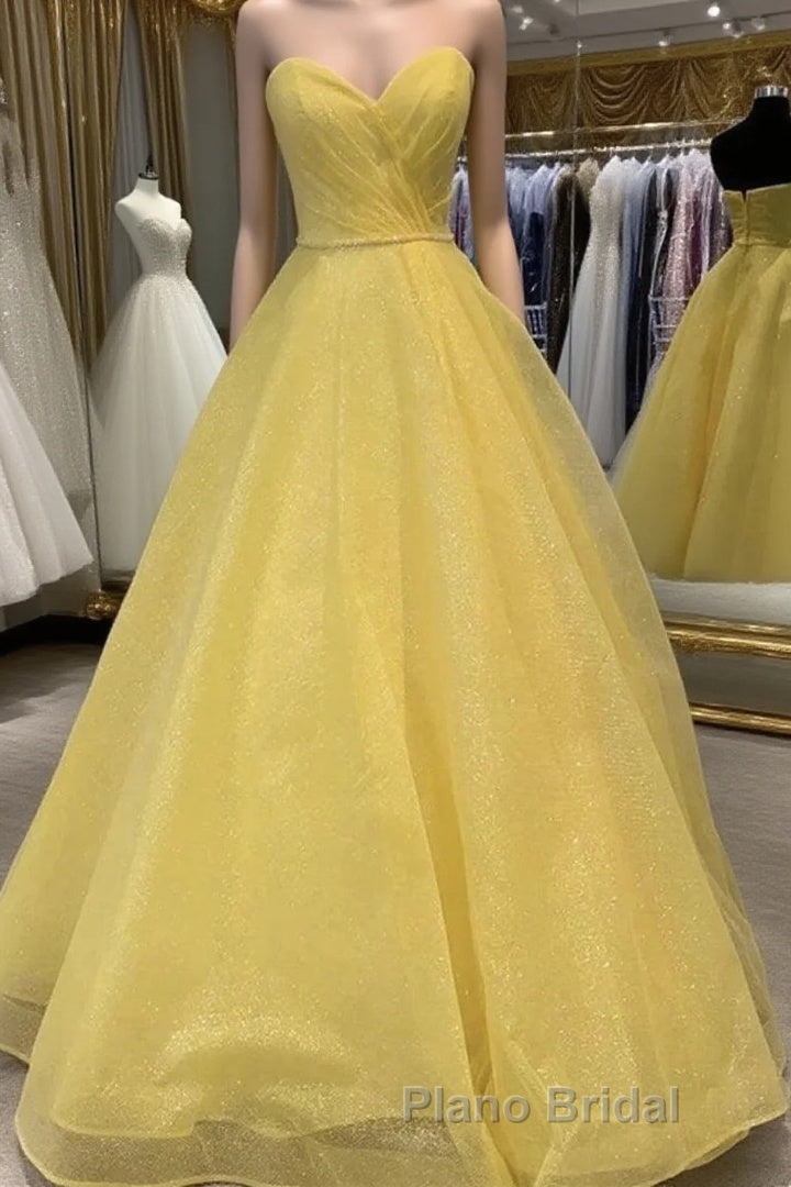 Strapless Open Back Sequins Yellow Formal Prom Dress, Shiny Yellow Formal Graduation Evening Dress Main image