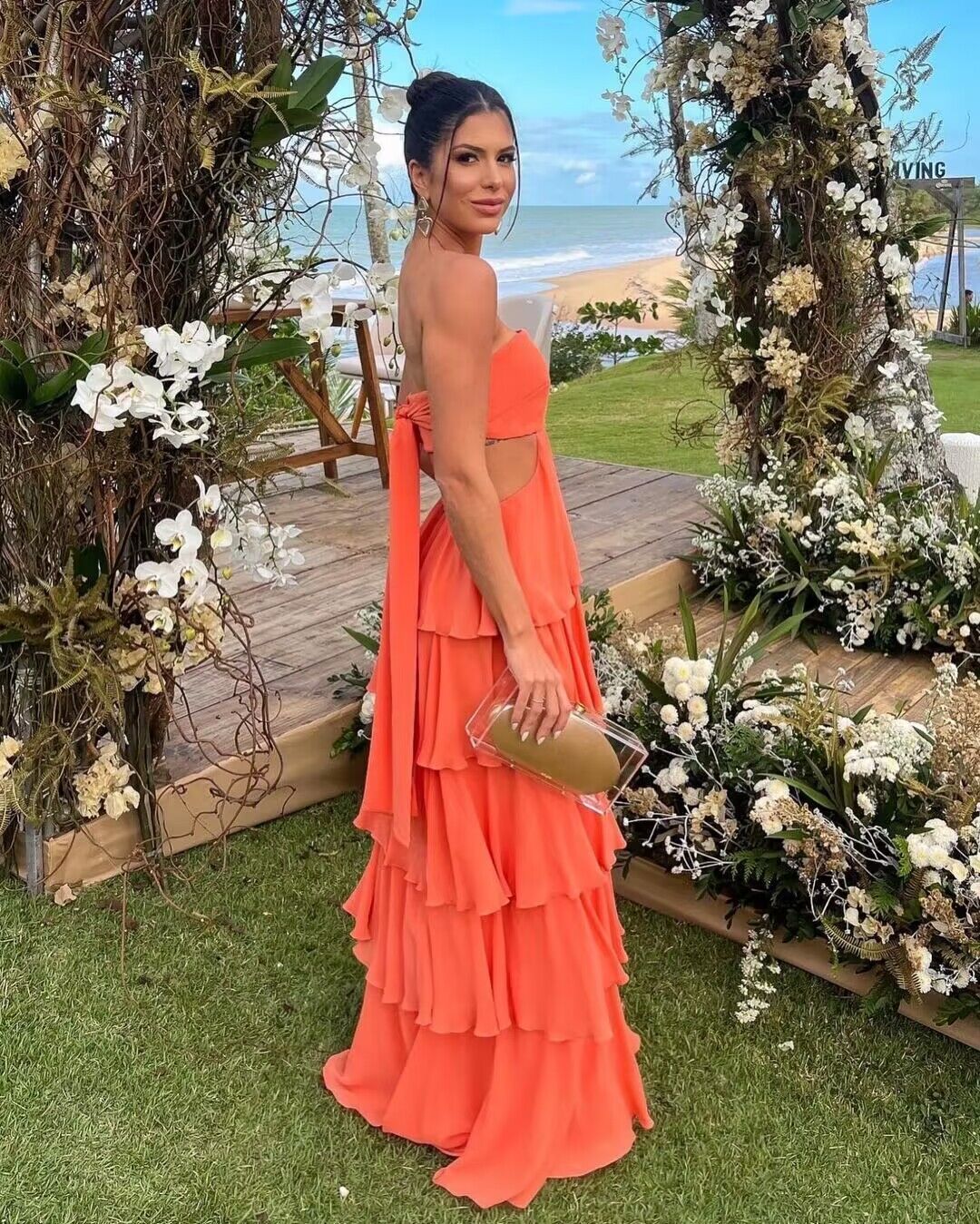 Strapless Orange Layered A Line Long Formal Prom Dresses Secondary image
