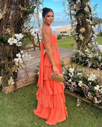 Strapless Orange Layered A Line Long Formal Prom Dresses