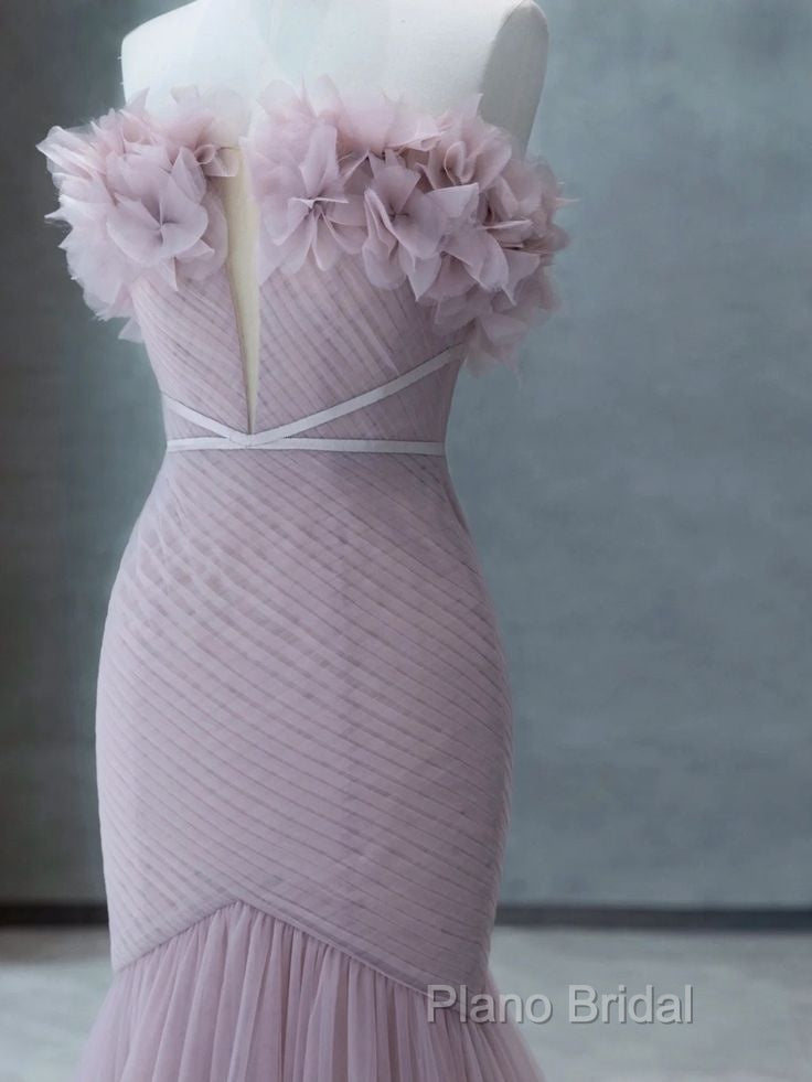 Strapless Pink Chiffon Creased Formal Dresses Floor Length Mermaid Formal Prom Dresses With Sweep