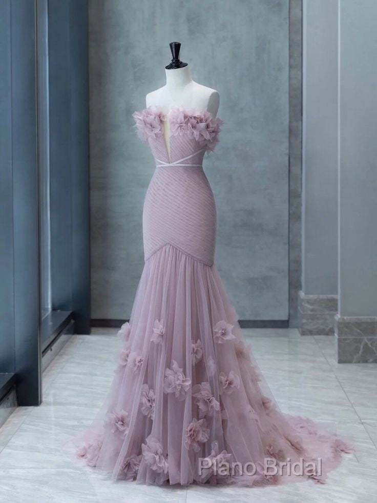 Strapless Pink Chiffon Creased Formal Dresses Floor Length Mermaid Formal Prom Dresses With Sweep