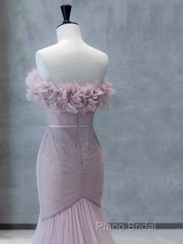 Strapless Pink Chiffon Creased Formal Dresses Floor Length Mermaid Formal Prom Dresses With Sweep