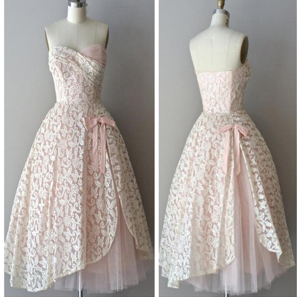 Strapless pink lace unique style vintage cheap homecoming Formal Prom gowns Dresses