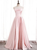 Strapless Pink Satin Prom Dresses, Pink Satin Long Formal Evening Dresses