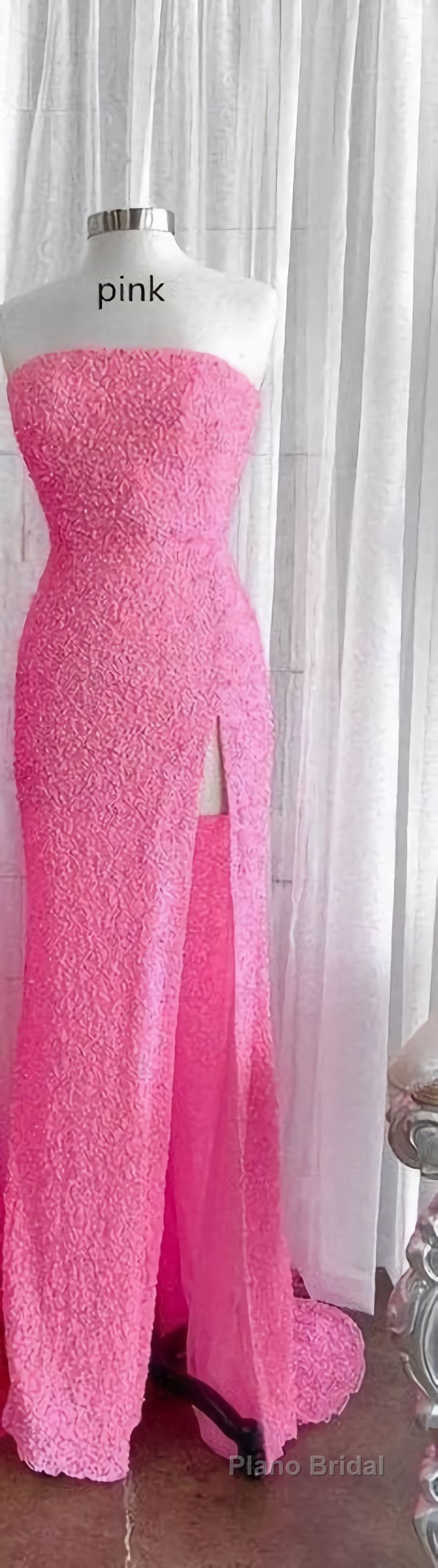 Strapless Pink Sequins Formal Prom Dresses with Slit,Sparkly White Night Dresses Party Event