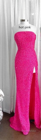 Strapless Pink Sequins Formal Prom Dresses with Slit,Sparkly White Night Dresses Party Event