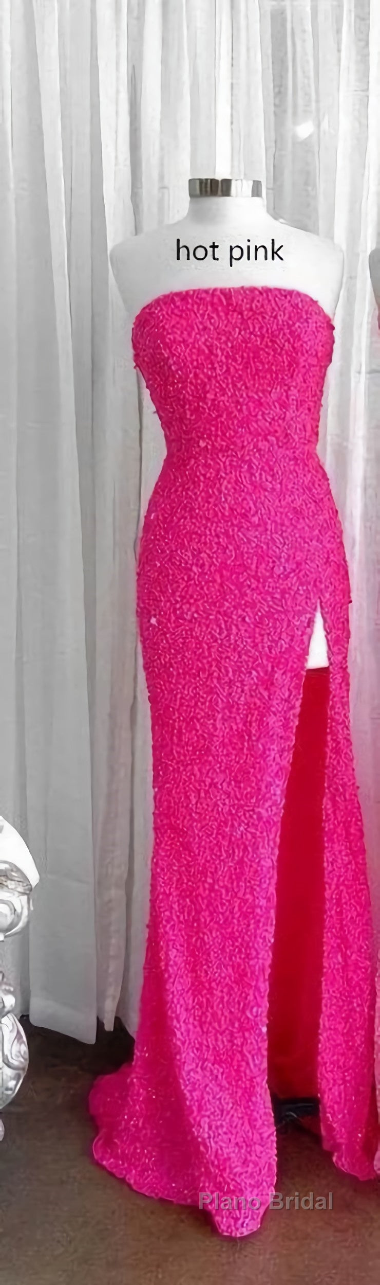 Strapless Pink Sequins Formal Prom Dresses with Slit,Sparkly White Night Dresses Party Event