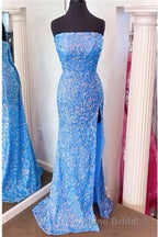 Strapless Pink Sequins Formal Prom Dresses with Slit,Sparkly White Night Dresses Party Event