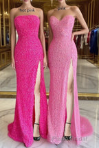 Strapless Pink Sequins Formal Prom Dresses with Slit,Sparkly White Night Dresses Party Event