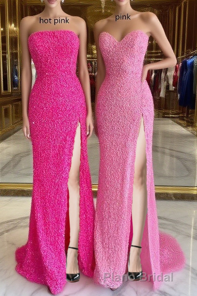 Strapless Pink Sequins Formal Prom Dresses with Slit,Sparkly White Night Dresses Party Event