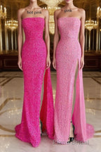 Strapless Pink Sequins Formal Prom Dresses with Slit