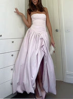 Strapless Pink Split Formal Prom Dresses A-Line Party Formal Dresses