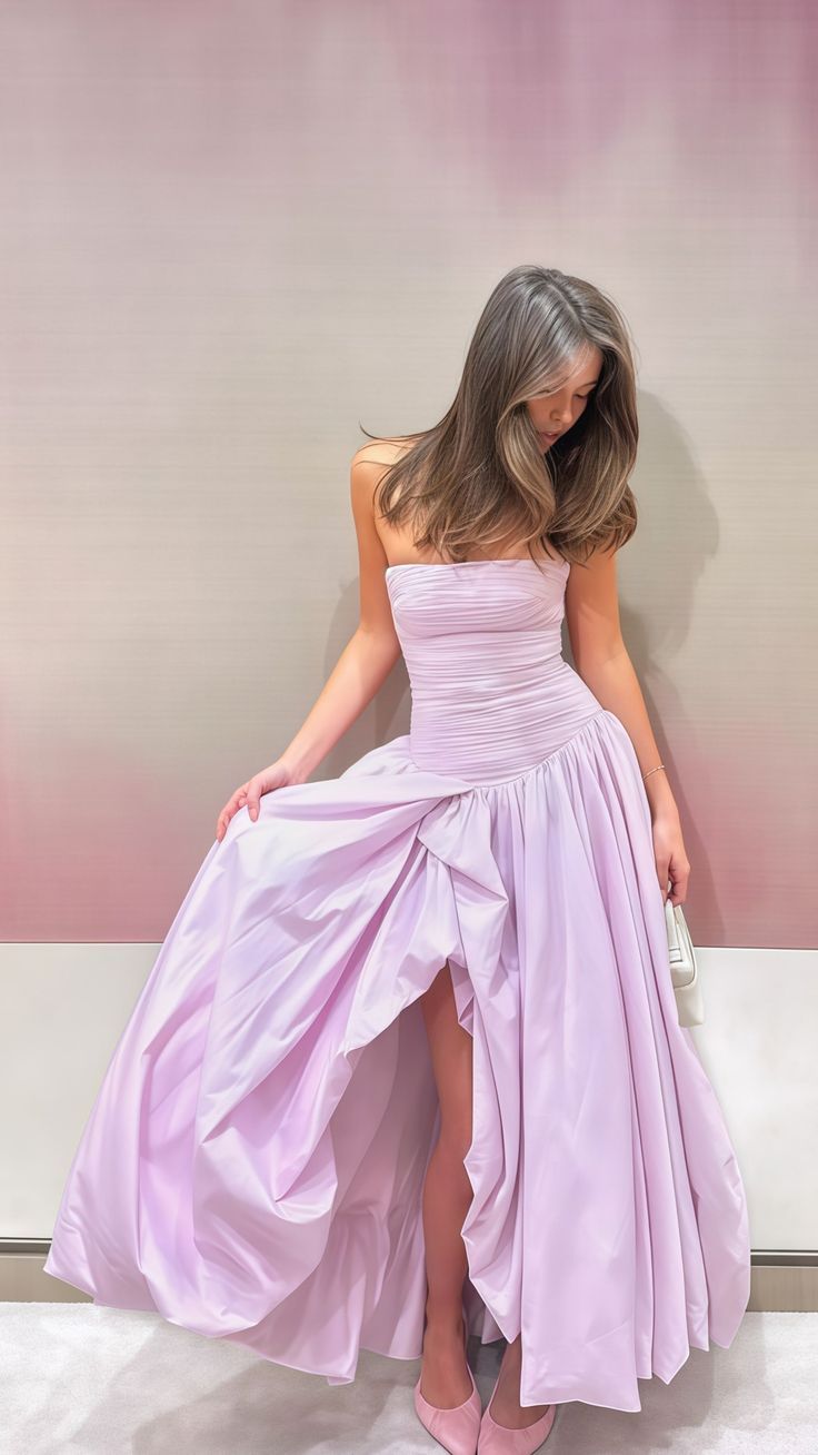 Strapless Pink Split Formal Prom Dresses A-Line Party Formal Dresses