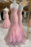 Strapless Pink Tulle Lace Long Mermaid Formal Prom Dresses Formal Dresses