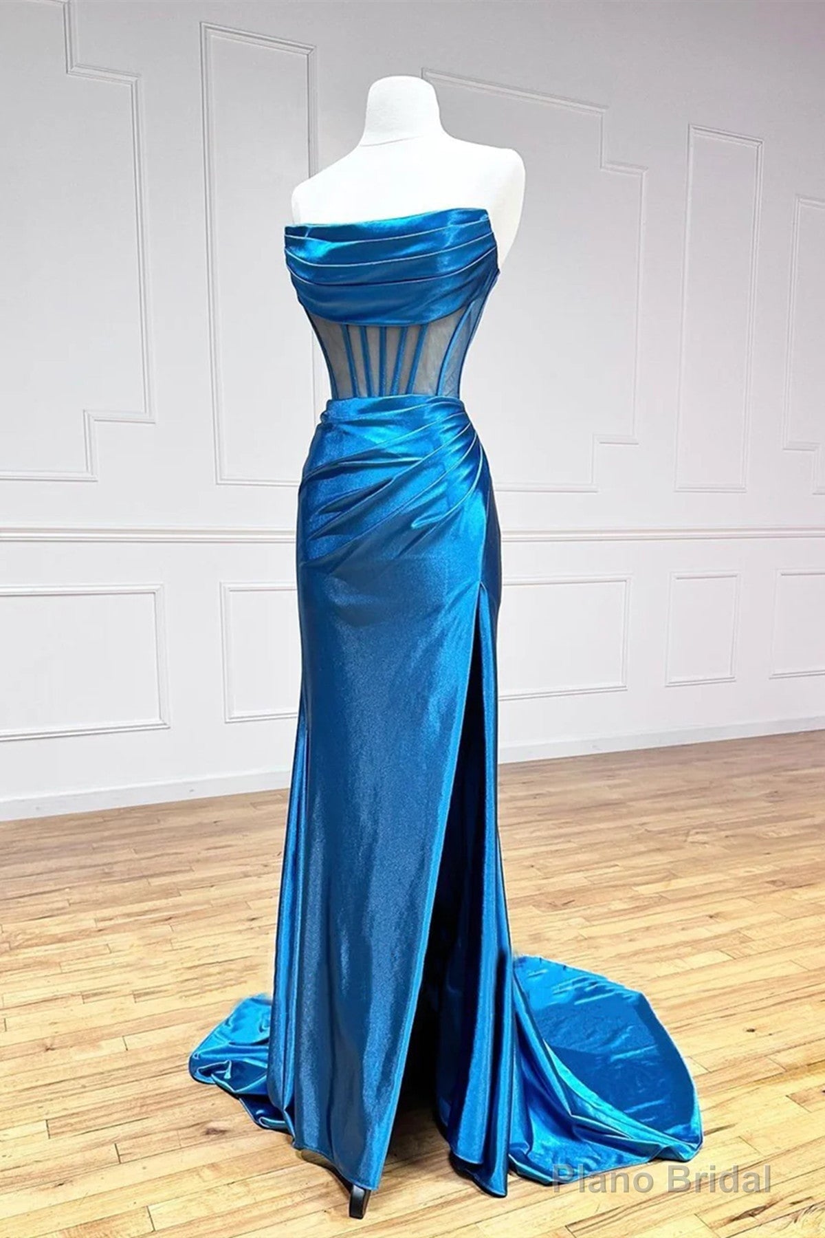 Strapless Pleated Blue Long Prom Dresses, Blue Long Formal Evening Dresses