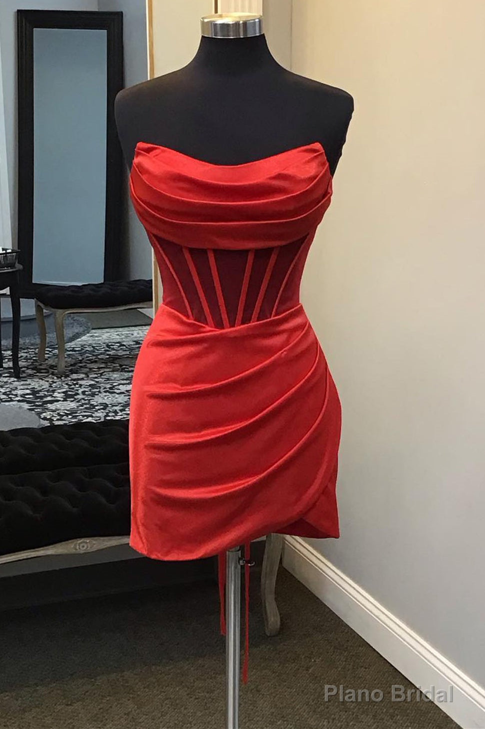 Strapless Pleated Red Satin Homecoming Dress Bodycon Dresses Main image
