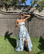 Strapless Print Floral Long Formal Prom Dresses Formal Evening Gown