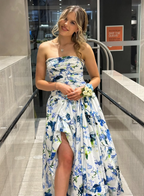 Strapless Print Floral Long Formal Prom Dresses Formal Evening Gown
