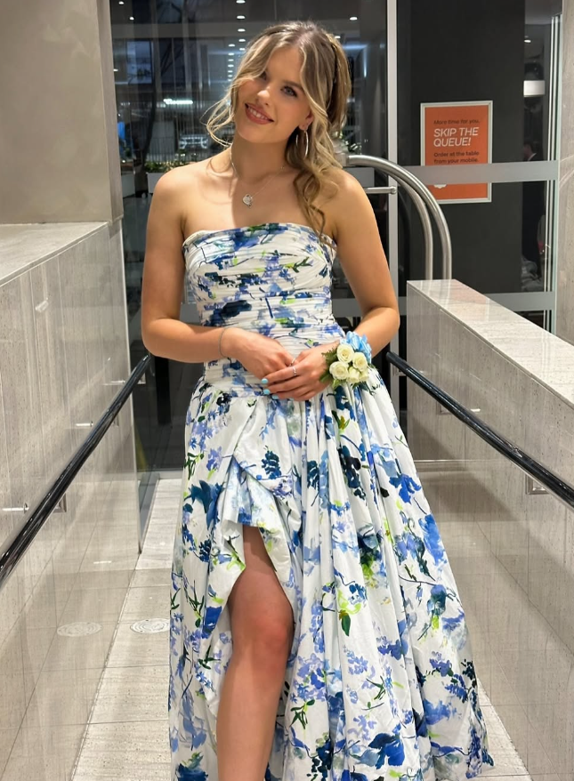 Strapless Print Floral Long Formal Prom Dresses Formal Evening Gown