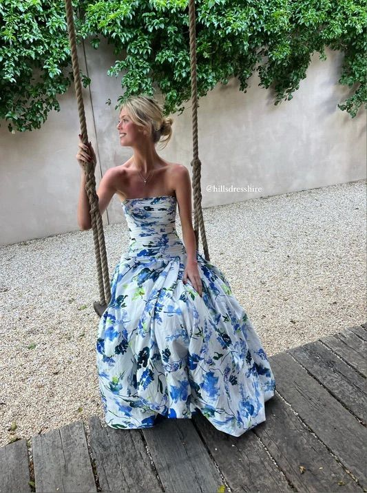 Strapless Print Floral Long Formal Prom Dresses Formal Evening Gown
