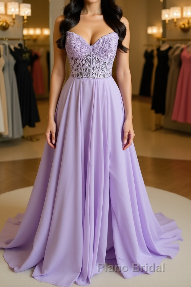 Strapless Purple Tulle Lace Long Formal Prom Dress, Lavender Lace Formal Dress, Purple Evening Dress Main image