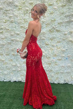 Strapless Red Appliques Mermaid Sleeveless Lace Long Formal Prom Dresses