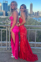 Strapless Red Appliques Mermaid Sleeveless Lace Long Formal Prom Dresses
