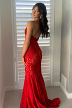Strapless Red Appliques Mermaid Sleeveless Lace Long Formal Prom Dresses